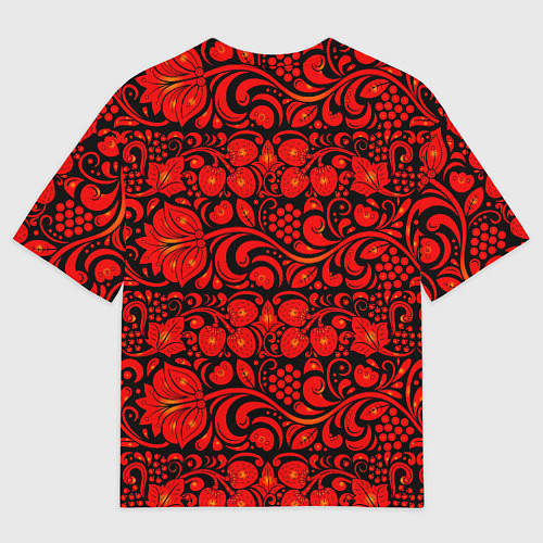 Мужская футболка оверсайз Хохломская роспись красные цветы и ягоды на чёрном / 3D-принт – фото 2