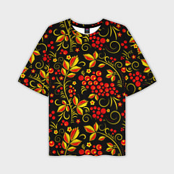 Мужская футболка оверсайз Хохломская роспись золотистые листья чёрном фоне