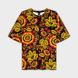 Мужская футболка оверсайз Хохломская роспись золотистые листья и цветы чёрно