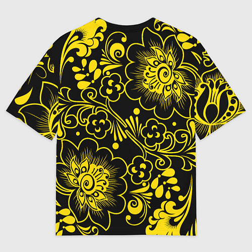 Мужская футболка оверсайз Хохломская роспись золотые цветы на чёроном фоне / 3D-принт – фото 2