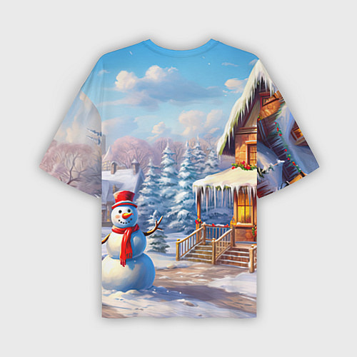 Мужская футболка оверсайз Снежный зимний дом с драконом / 3D-принт – фото 2