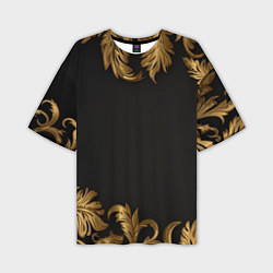 Мужская футболка оверсайз Золотые объемные листья на черном