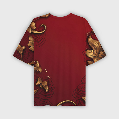 Мужская футболка оверсайз Узоры золотые на красном фоне / 3D-принт – фото 2