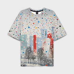 Мужская футболка оверсайз Новогодний город и цветной снег