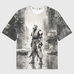 Мужская футболка оверсайз Одинокий робот под дождём