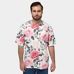 Футболка оверсайз мужская Розовые розы и серые листочки - паттерн, цвет: 3D-принт — фото 2