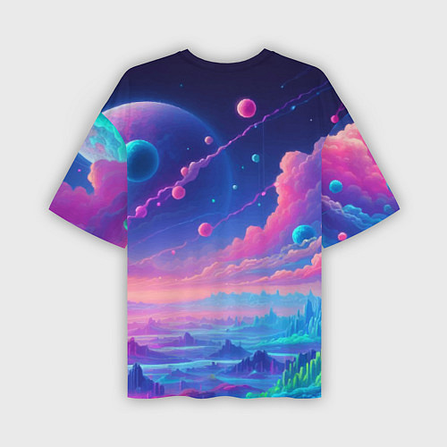 Мужская футболка оверсайз Fantastic space landscape - neon glow / 3D-принт – фото 2