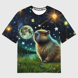 Мужская футболка оверсайз Капибара прогулки в полнолуние