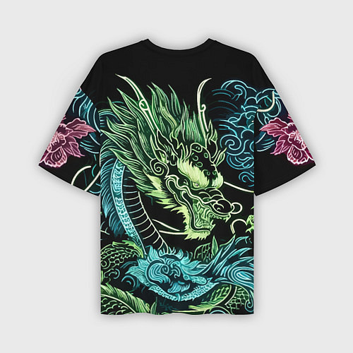 Мужская футболка оверсайз Ирезуми - неоновый японский дракон / 3D-принт – фото 2