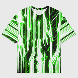 Мужская футболка оверсайз Зелёные неоновые полосы на чёрном фоне