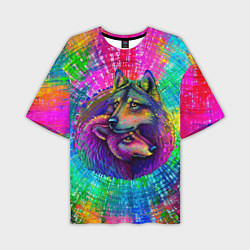 Мужская футболка оверсайз Цветные волк с волчицей