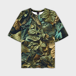 Мужская футболка оверсайз Реалистичный камуфляж из листьев