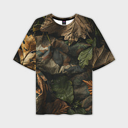 Мужская футболка оверсайз Реалистичный охотничий камуфляж из ткани и листьев