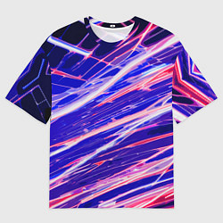 Мужская футболка оверсайз Белые и красные линии на синем фоне