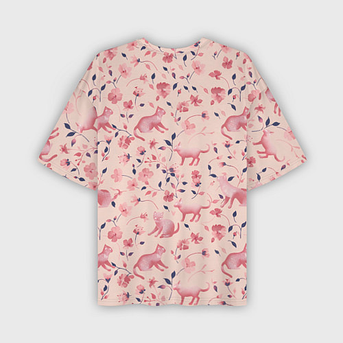 Мужская футболка оверсайз Розовый паттерн с цветами и котиками / 3D-принт – фото 2