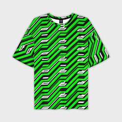 Мужская футболка оверсайз Чёрно-зелёный линейный узор киберпанк