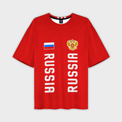 Мужская футболка оверсайз Россия три полоски на красном фоне