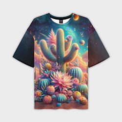 Мужская футболка оверсайз Кактусы цветущие под космическим небом