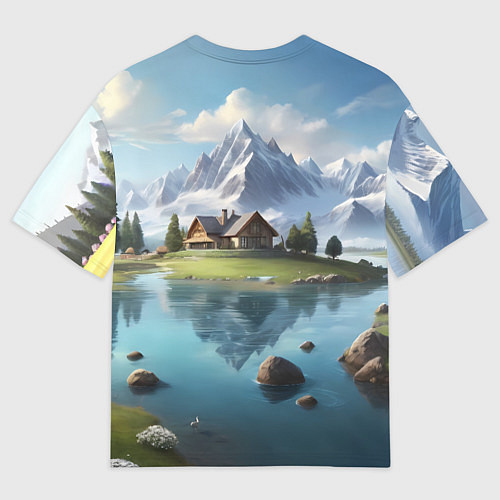 Мужская футболка оверсайз Чудесный день на берегу озера в горах / 3D-принт – фото 2