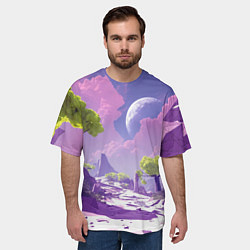 Футболка оверсайз мужская Фиолетовые горы зеленые деревья и космос, цвет: 3D-принт — фото 2