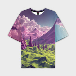Мужская футболка оверсайз Геометрический зеленый пейзаж и фиолетовые горы