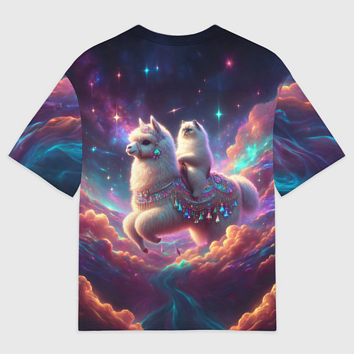 Мужская футболка оверсайз Космос и кот едет верхом на альпаке / 3D-принт – фото 2