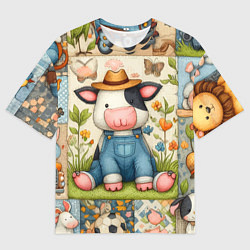 Мужская футболка оверсайз Прикольный телёнок и его друзья - пэчворк