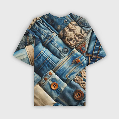Мужская футболка оверсайз Джинсовый пэчворк с пуговицами - мода / 3D-принт – фото 2