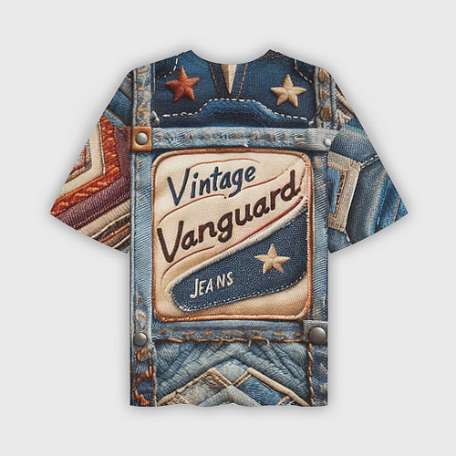 Мужская футболка оверсайз Vintage vanguard jeans - patchwork / 3D-принт – фото 2