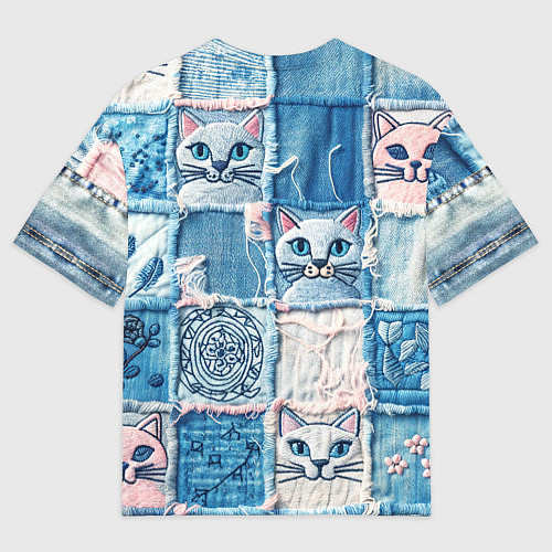 Мужская футболка оверсайз Кошки на пэчворк джинсах паттерн / 3D-принт – фото 2