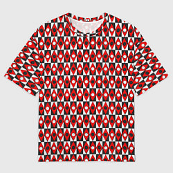Мужская футболка оверсайз Чёрно-белые ромбы и круги на красном фоне