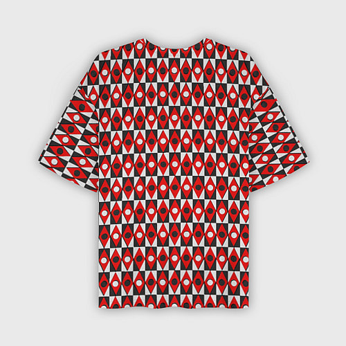 Мужская футболка оверсайз Чёрно-белые ромбы и круги на красном фоне / 3D-принт – фото 2