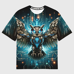 Футболка оверсайз мужская Величественная кибернетическая сова на фоне футури, цвет: 3D-принт