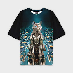 Мужская футболка оверсайз Кибер кот сидит на печатной плате