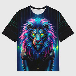 Футболка оверсайз мужская Неоновый лев в стиле киберпанк, цвет: 3D-принт
