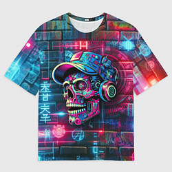 Футболка оверсайз мужская Кибер чувак череп на фоне граффити - нейросеть, цвет: 3D-принт