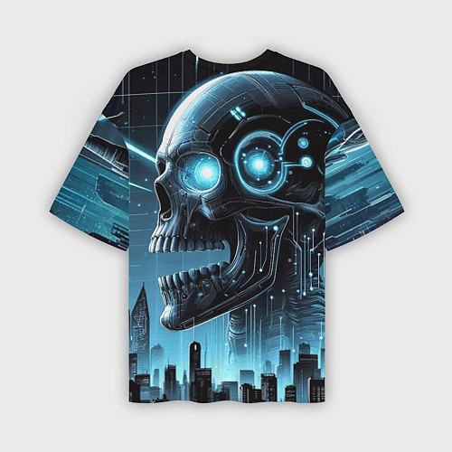 Мужская футболка оверсайз Cyberpunk skull - metropolis neon glow / 3D-принт – фото 2