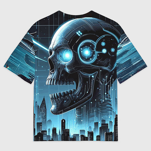 Мужская футболка оверсайз Cyberpunk skull - metropolis neon glow / 3D-принт – фото 2