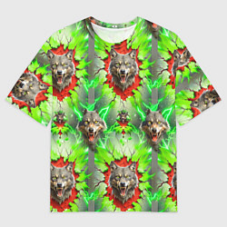 Футболка оверсайз мужская Волки из зеленого паттерна, цвет: 3D-принт