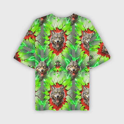 Мужская футболка оверсайз Волки из зеленого паттерна / 3D-принт – фото 2