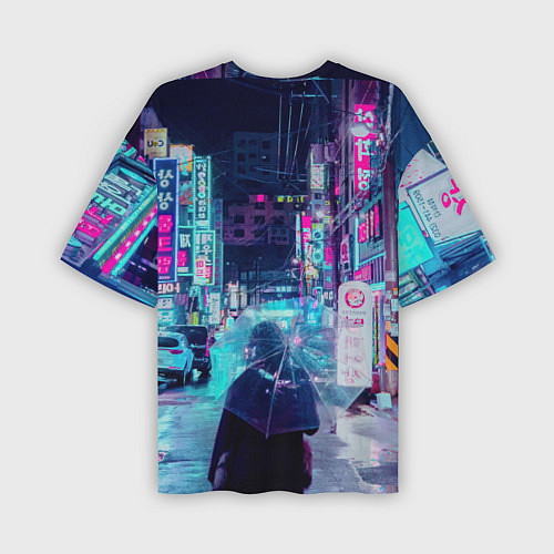 Мужская футболка оверсайз Дождливый неоновый вечер в Японии / 3D-принт – фото 2