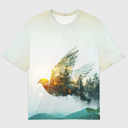 Мужская футболка оверсайз Летящий голубь и лес эффект двойной экспозиции