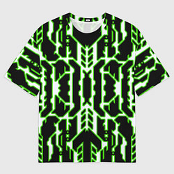 Футболка оверсайз мужская Техно белые линии с зелёной обводкой на чёрном фон, цвет: 3D-принт