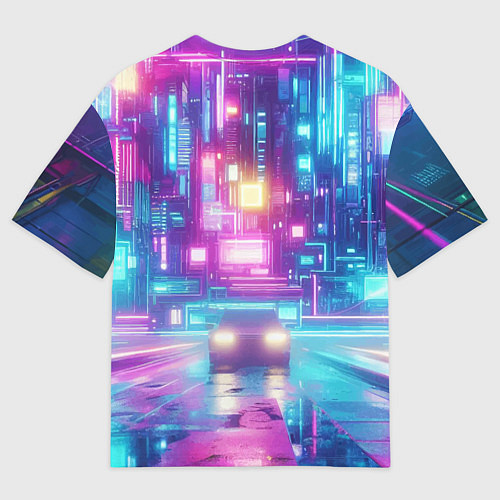 Мужская футболка оверсайз Кибер ведьма в неоновом городе - нейросеть / 3D-принт – фото 2