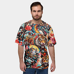 Футболка оверсайз мужская Японская татуировка дракона тигра и самурая, цвет: 3D-принт — фото 2