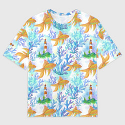 Мужская футболка оверсайз Золотая рыбка и кораллы акварельные