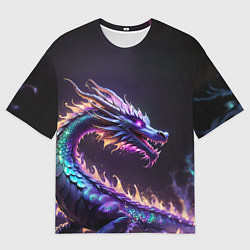Футболка оверсайз мужская Неоновый сиреневый дракон на черном фоне, цвет: 3D-принт