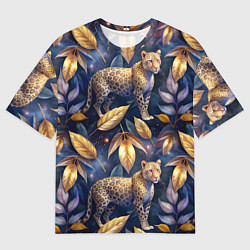 Футболка оверсайз мужская Леопард с золотыми листьями паттерны, цвет: 3D-принт