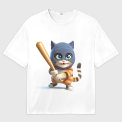 Мужская футболка оверсайз Прикольный котёнок с бейсбольной битой и в балакла