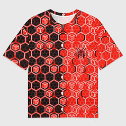 Футболка оверсайз мужская Техно-киберпанк шестиугольники красный и чёрный с, цвет: 3D-принт